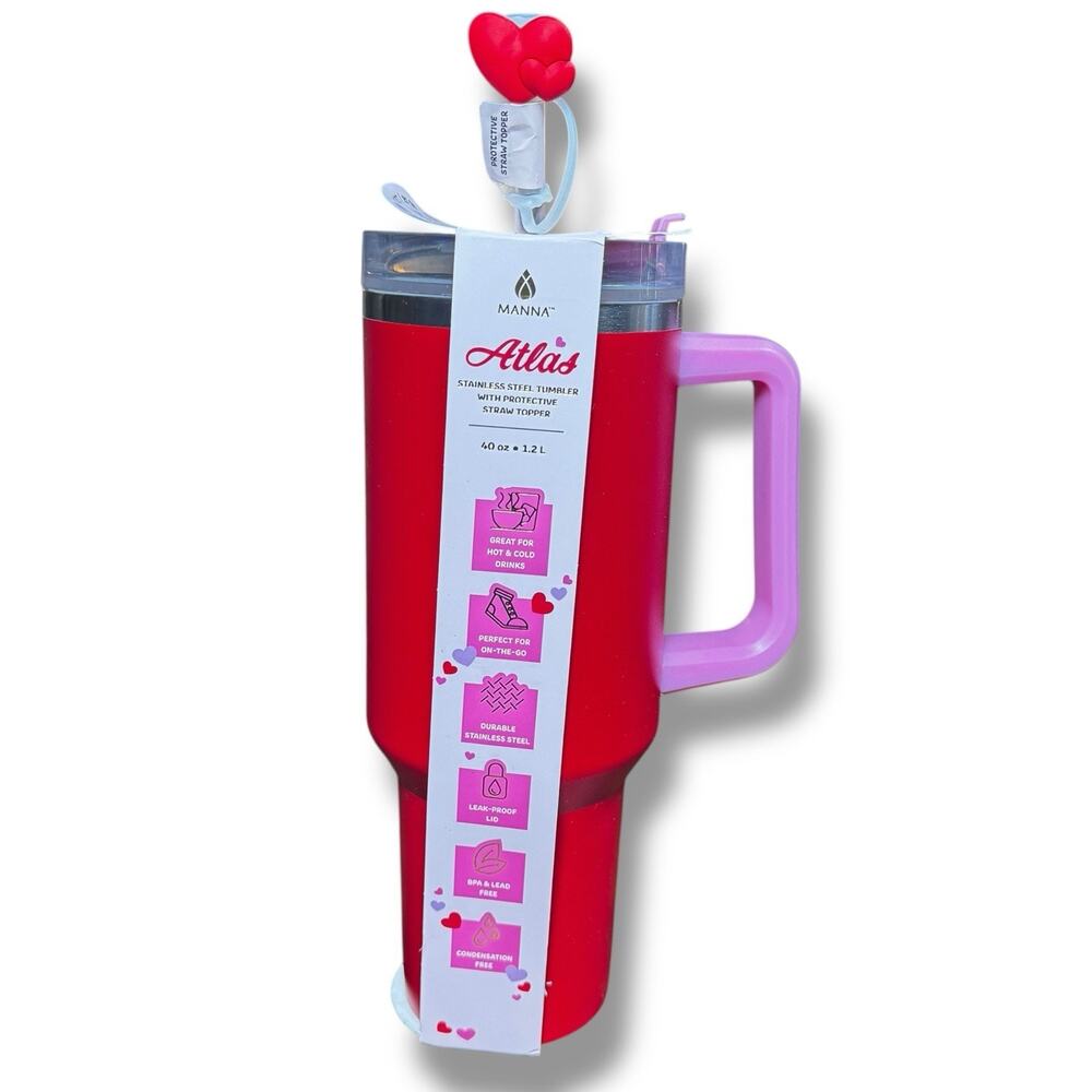 Manna Atlas Red 40 Oz Stainless Steel Tumbler W/Heart Straw Valentines Day‎